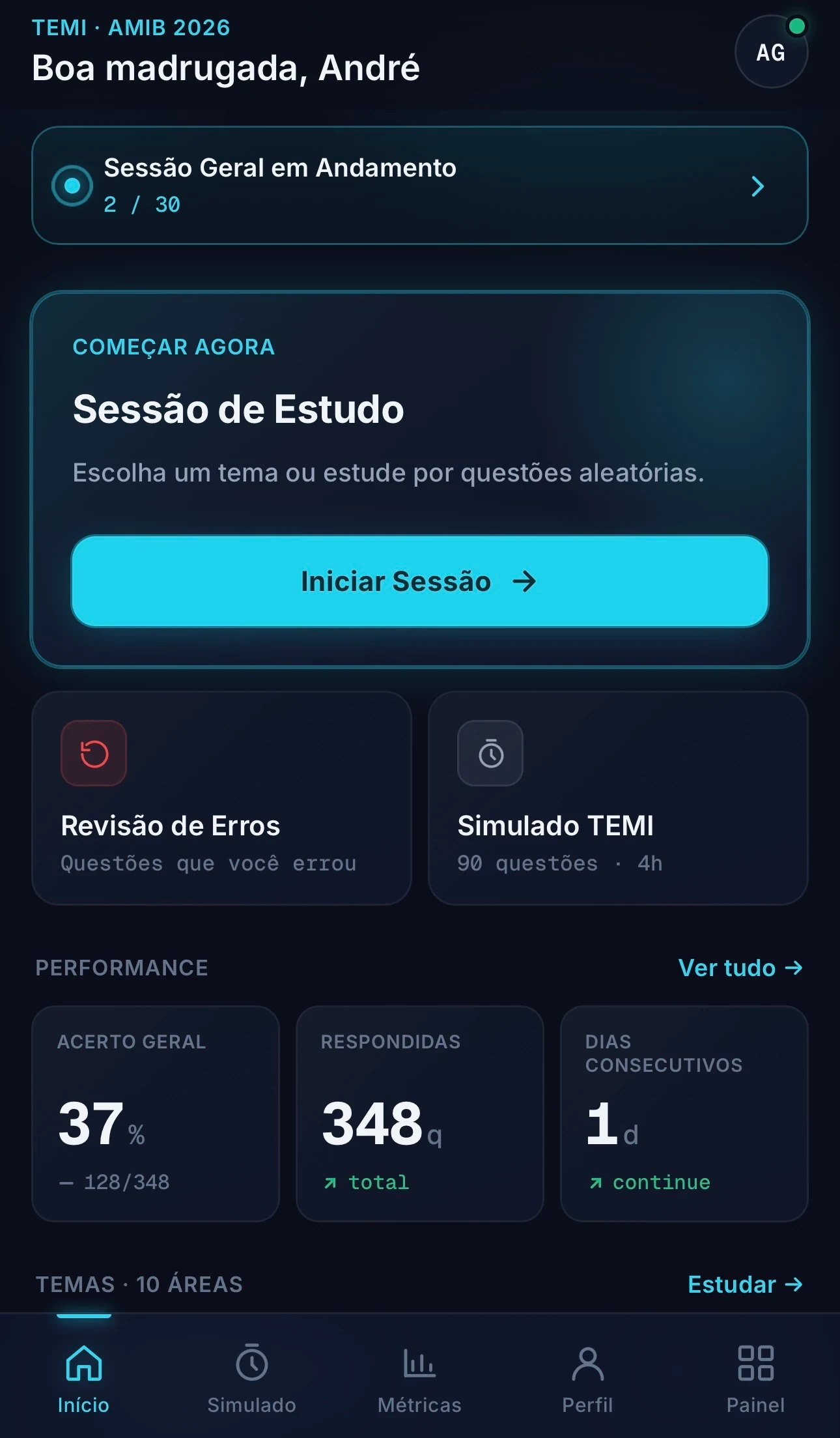 Tela inicial do CRIT Questões: sessão em andamento, banner Começar Agora, métricas de desempenho (acerto geral, respondidas, dias consecutivos) e atalhos para Revisão de erros e Simulado.