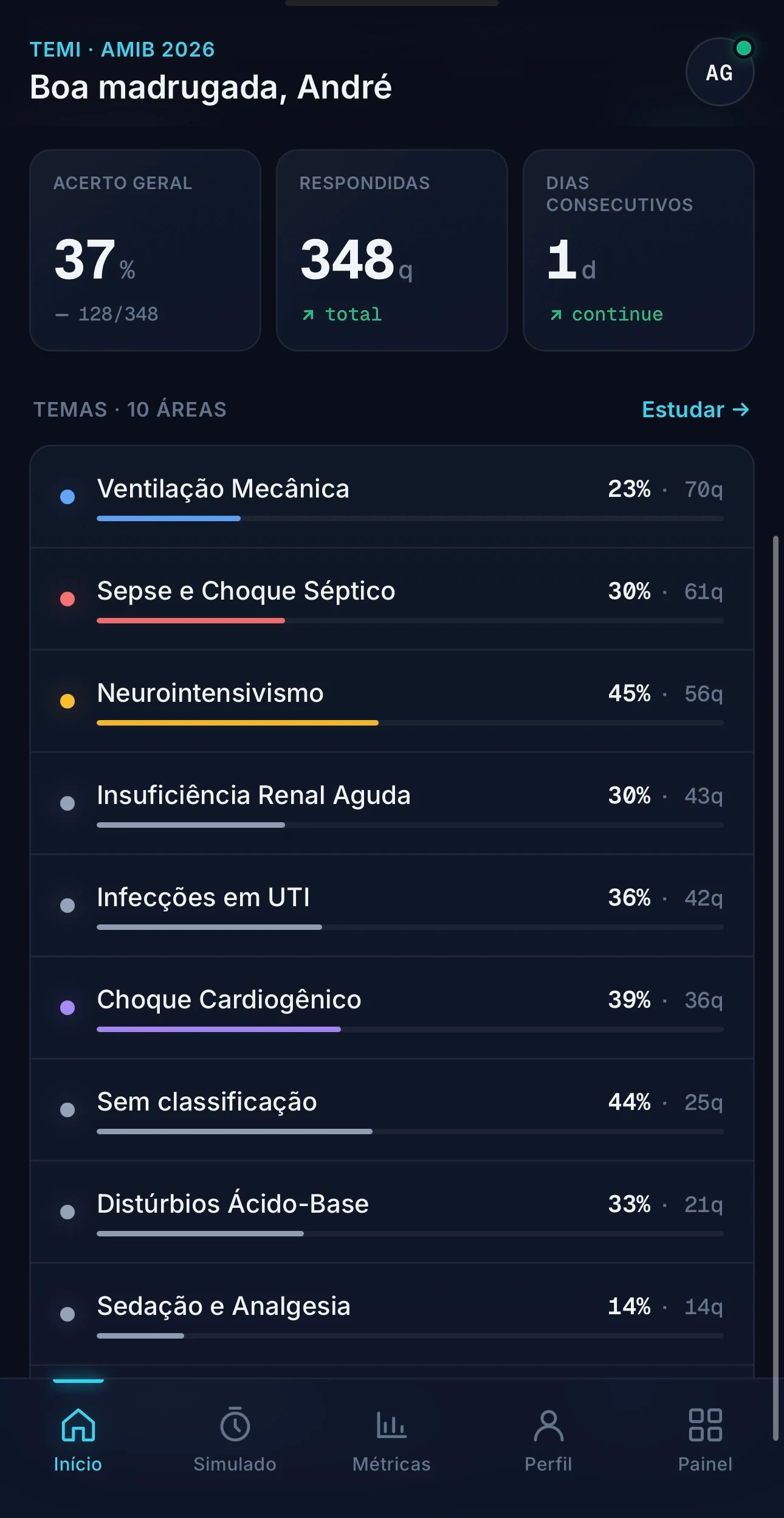 Tela de configuração de uma nova sessão de estudo no CRIT Questões: modo selecionado, áreas via chips coloridas, fonte e quantidade de questões.